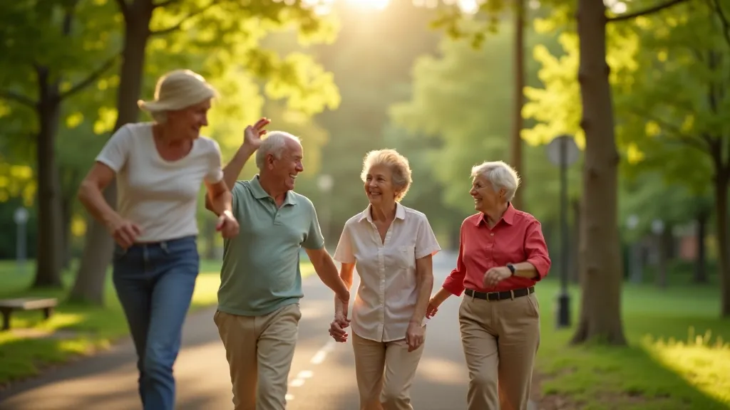 Senioru grupa priecīgi gāž gar meža taku Jūrmalas Dzintaru mežaparkā, saulainas dienas apstākļos