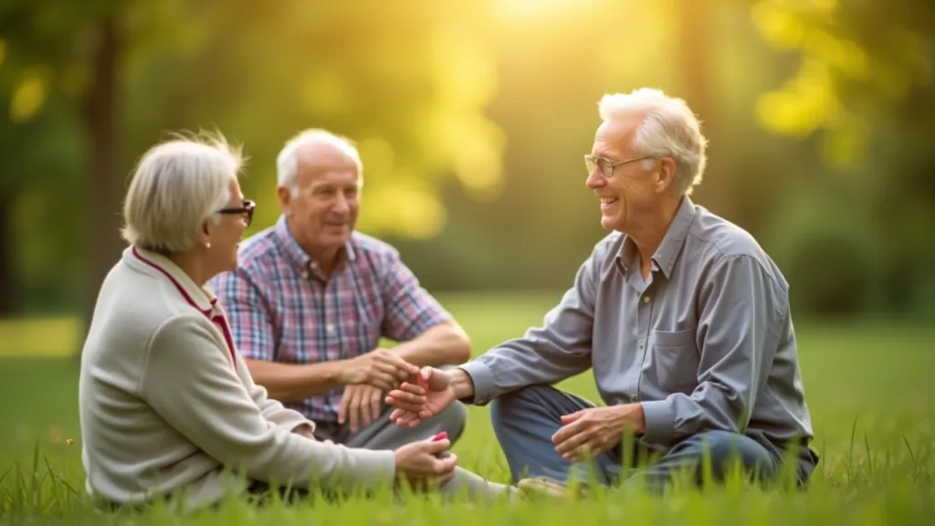 Senioru grupa sēž uz soļa mežā, smaidoši cilvēki kopā